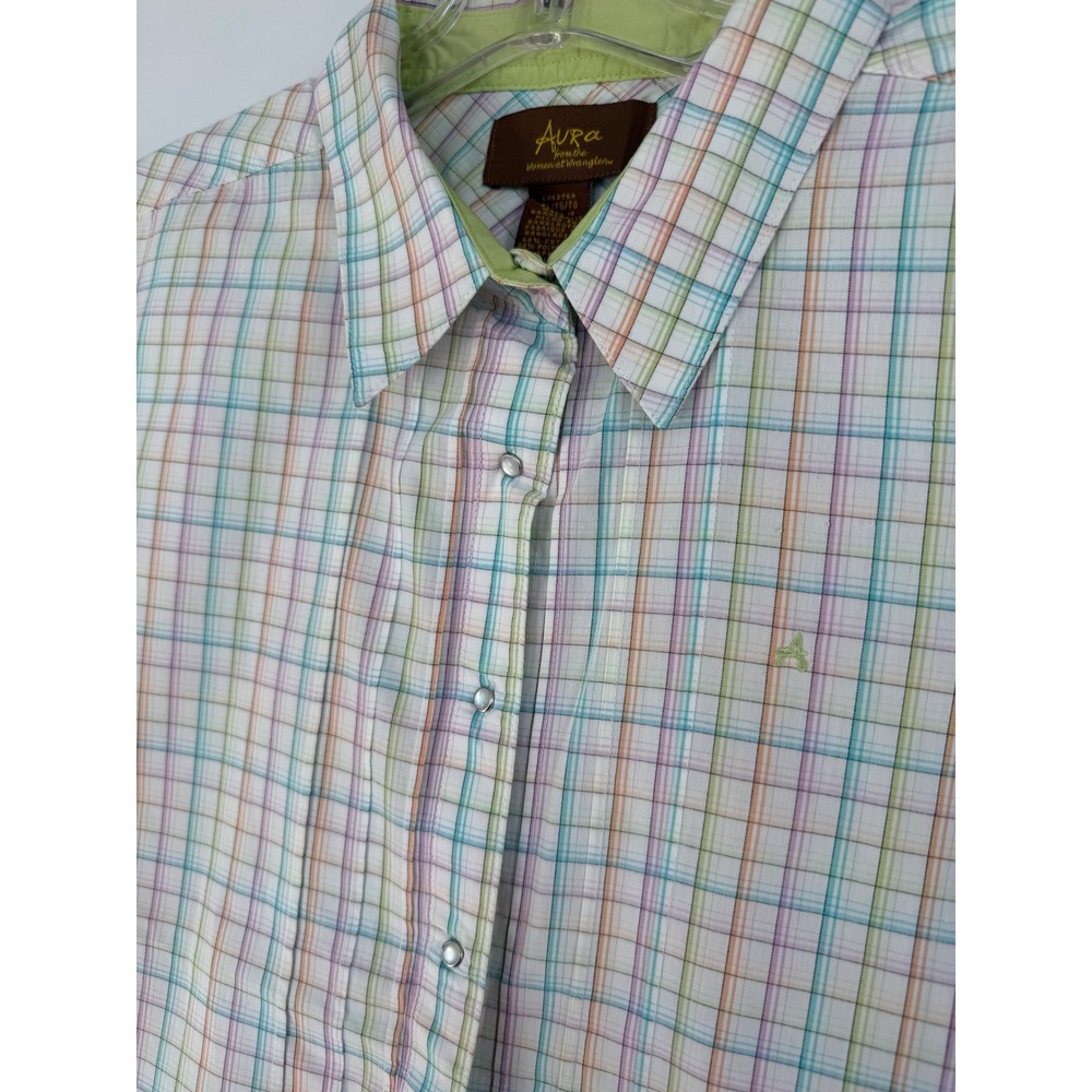 Aura Wrangler Womens XL Sleeveless Western Pearl Snap Plaid Shirt Pastel Country